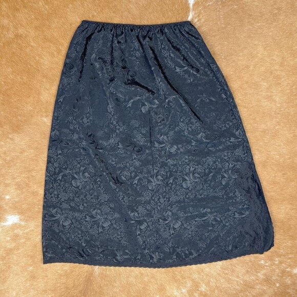 Vintage Black Floral Bow Slip Skirt with Side Slit, Lace Trim - Picture 1 of 7